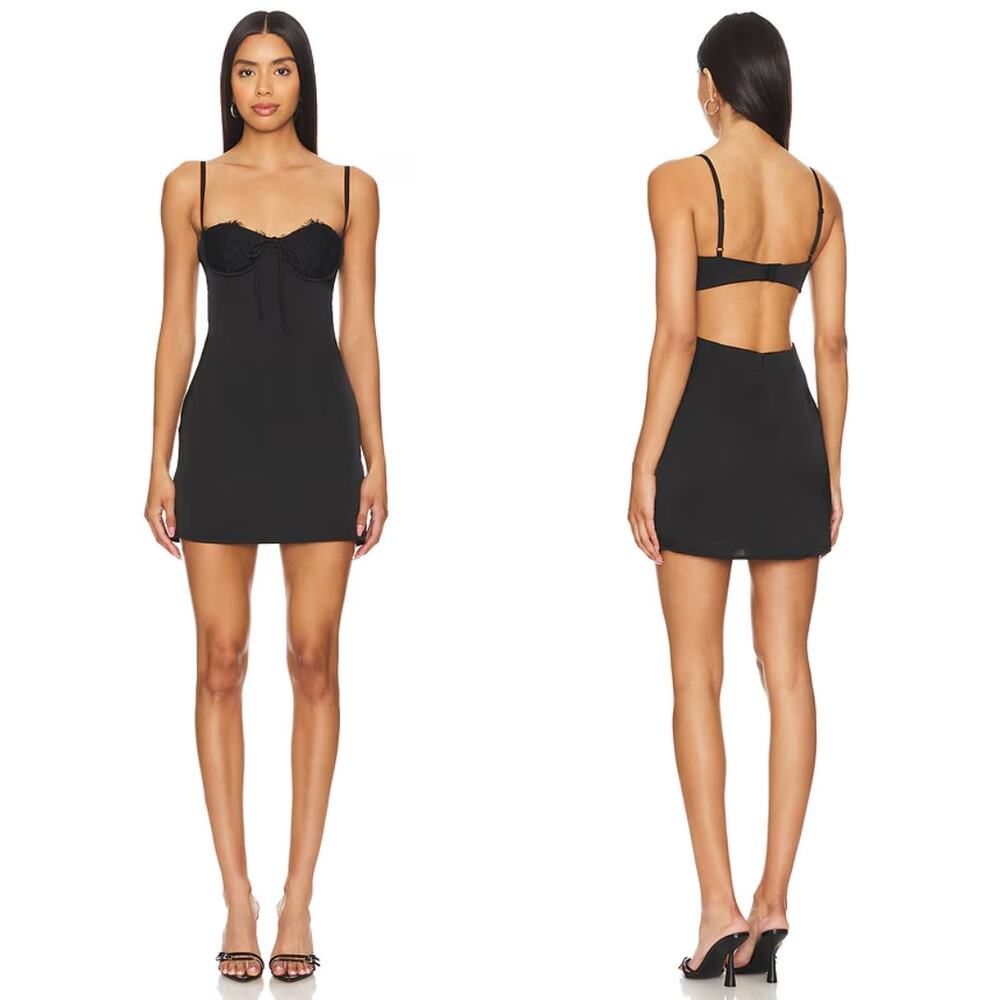 superdown | NWT Tony Mini Dress in Black Satin Sweetheart Lace Babydoll L